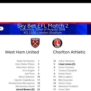 West Ham Utd v Charlton Athletic Official EFL Colour Teamsheet 22/8/26