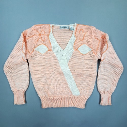 Vtg 80s Charlotte Van Horne Pastel Pink Textured Geometric Vneck Sweater Sz S