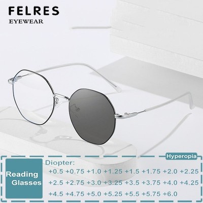 Metal Photochromic Polygon Reading Glasses Unisex Simple Presbyopic Sunglasses
