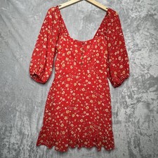 Lulus Dress Womens Medium Red Floral Puff Sleeve Smocked Fit & Flare Ruffle Boho
