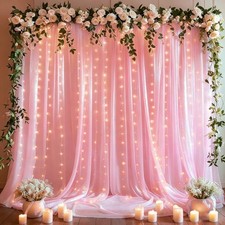 10x10FT Pink Tulle Backdrop Curtains Lights String Sheer Drapes Party Decor