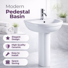 Bathroom Ceramic Wash Basin Full Pedestal Sink Round 1 Tap Hole Modern