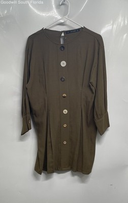 Zara Basic Womens Green 3/4 Sleeve Round Neck Pleated Mini Dress Size M
