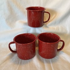 Red White Speckled Enamelware Camping Coffee Mugs Set Of 3 Handled Cups EUC