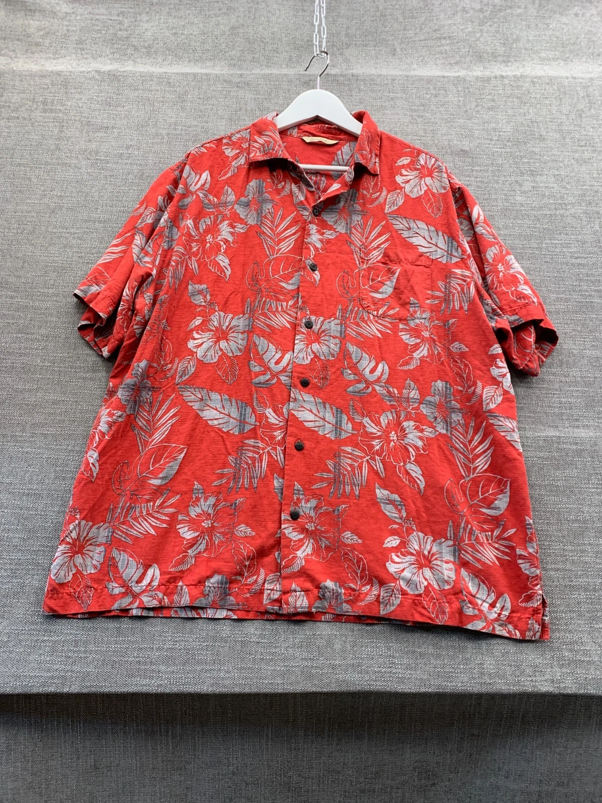 Paradise Collection Hawaiian Shirt Men XL Orange Floral Silk Side Slit Button Up