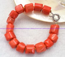 Natural 12-14mm Orange Coral Cylinder Gemstone Beads Bracelet 7.5 Inch AAA