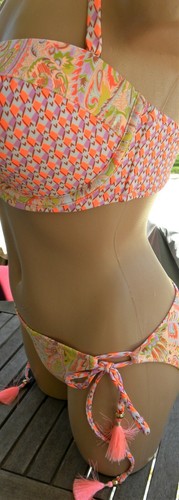 Set bikini vintage victorias secret 36D S arancione oro paisley pellicola senza spalline - Foto 3 di 4