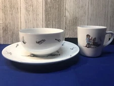 Pier 1 Imports Plate, Bowl, Mug Set Children Playing Skiing Toboggan ~ Porcelain