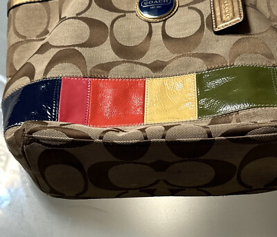 COACH Khaki Signature Legacy Stripe Gold Leather Shoulder Tote