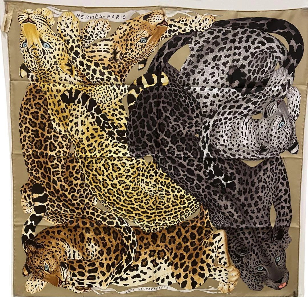 Hermes Scarf Lazy Leopardesses 90 cm silk brown Carre leopard animal