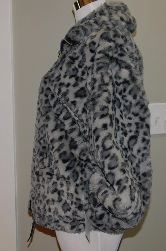 Lucky Brand Sz XS Women Leopard Faux Fur Jacket Gray Zip Bomber $198 NEW! - Picture 3 of 9