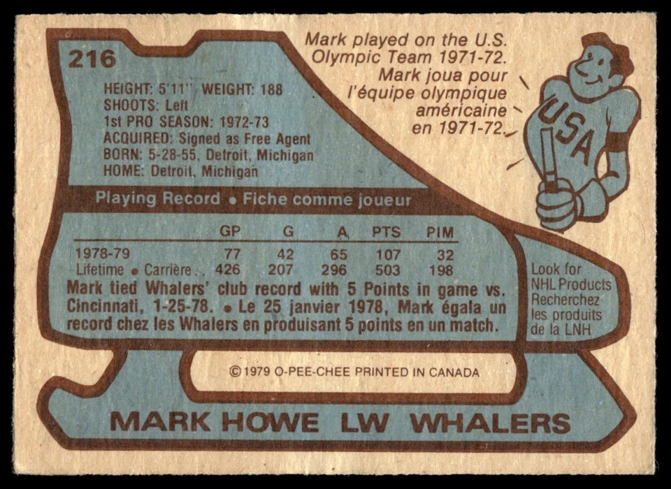 1979-80 O-Pee-Chee Mark Howe Hartford Whalers #216 - Image 2 of 2