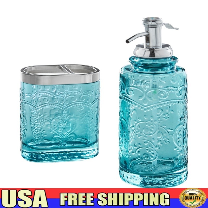 Teal Embossed Glass Bathroom Set with Soap Dispenser and Toothbrush Holder-image