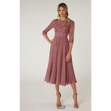 AZAZIE TUTU A-Line Boatneck Lace Chiffon Tea-Length Dress Desert Rose