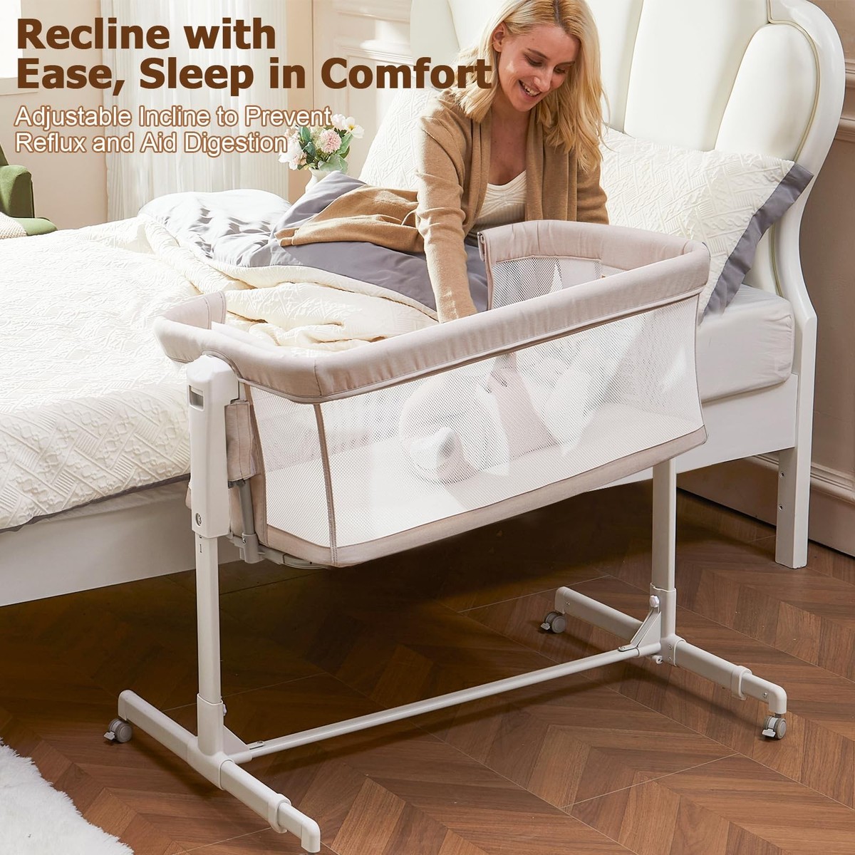 Baby Bassinet Bedside Sleeper, 3-in-1 Rocking Bassinet with Wheels