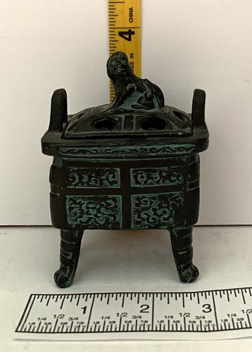 Bronze Incense Burner w/ Foo Dog Lid, 3.5 in Tall