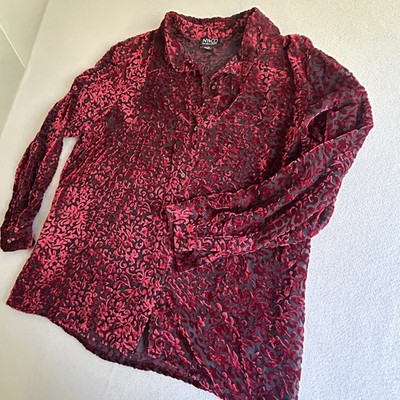 New York & Company Red Velvet Burnout Long Sleeve Top XL Whimsigoth Grunge Y2K