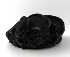 Vtg Deborah New York Black Wool Beaded Floral Sequin Hat With Tag 21  Circum