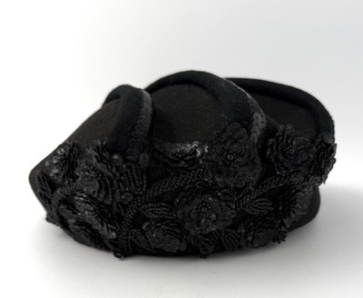 Vtg Deborah New York Black Wool Beaded Floral Sequin Hat With Tag 21  Circum