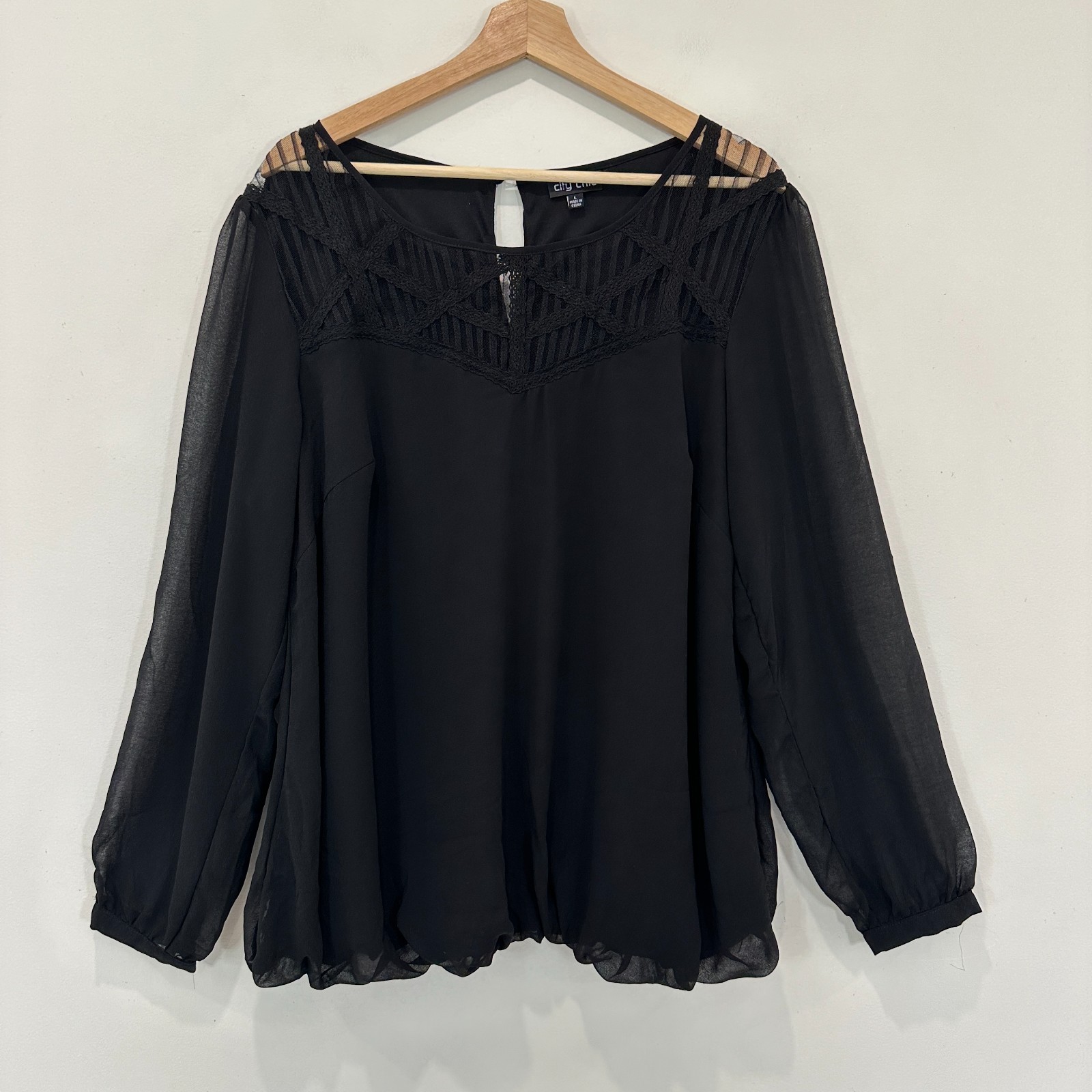 City Chic Top Women L (AU 20) Black Lace Detail Lined Sheer Sleeve