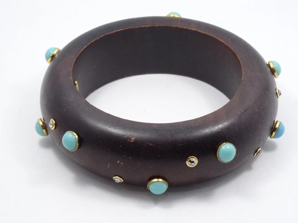 Signed BARRERA 25 mm RHINESTONE & FAUX TURQUIOSE WOODEN BANGLE BRACELET Foto 4 de 4