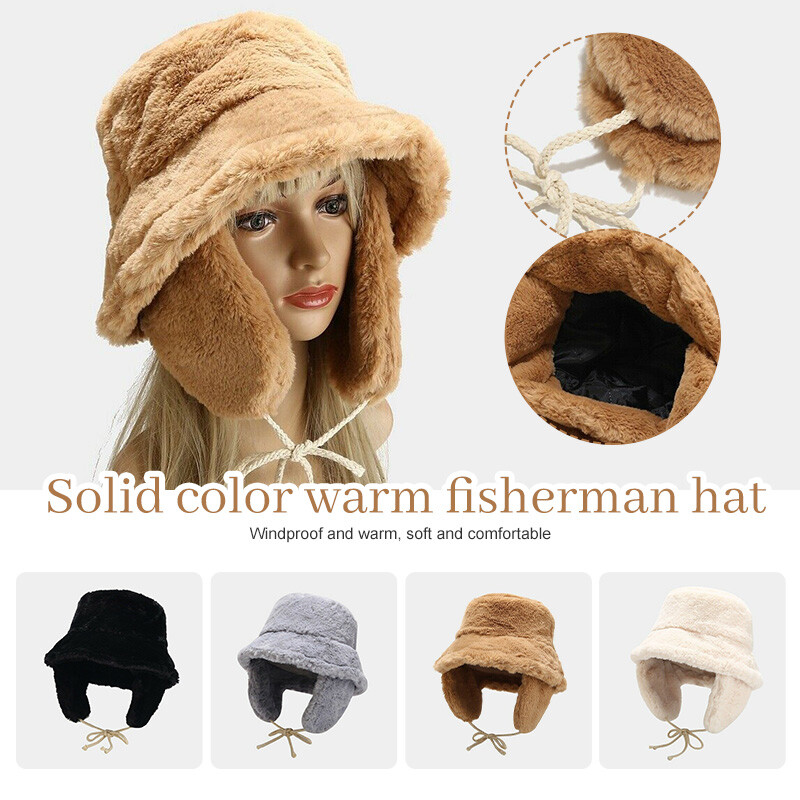 Women\'s Warm Fluffy Fuzzy Bucket Hat with Ear Flaps Cotton Polyester Kejea Fuzzy Bucket Hat Women Men with Ear Flaps Furry Cute  main image 2