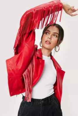 New Lambskin Red Motorcycle Party Leather Women Fringed Handmade Jacket Genuine
