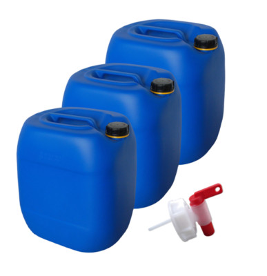 3 x 30 Liter Kanister blau Wasserkanister Behälter dicht lebensmittelecht + Hahn