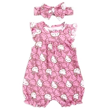 HELLO KITTY Newborn/Infant Girls Romper w/ Headband Set, Size: 3M-6M-9M