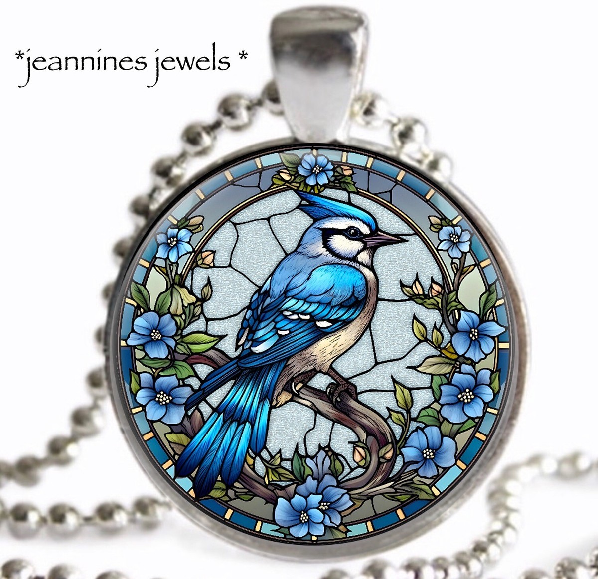 Blue Jay Bird NECKLACE FAUX Stained Glass Spring Art Print Bird