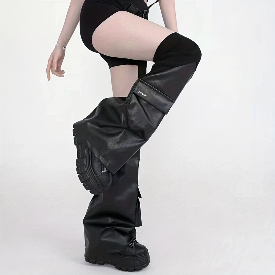 PU Leather Flared Leg Warmers With Pockets, Functional Style, Trendy