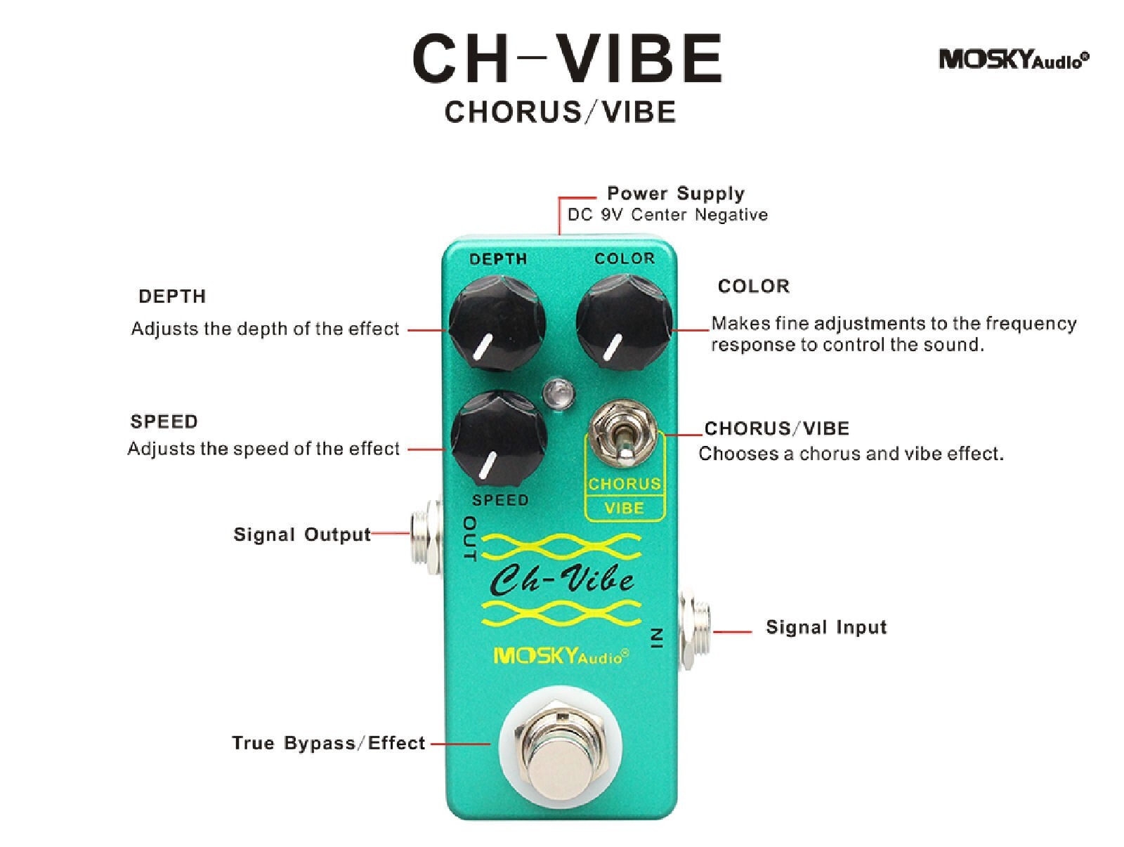 Mosky CH Vibe Chorus Vibe Vibrato Guitar FX Pedal Depth Color Speed