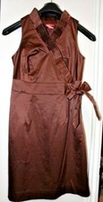 New Merona BROWN Petite 2P Sleeveless Ruffled Satin Dress Tie Waist Side Zipper