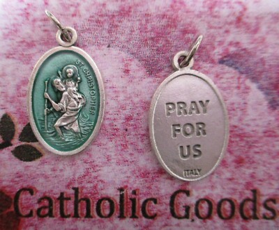 St. Saint Christopher - Green Enamel - Silver-tone Italian OX 1'' Medal 