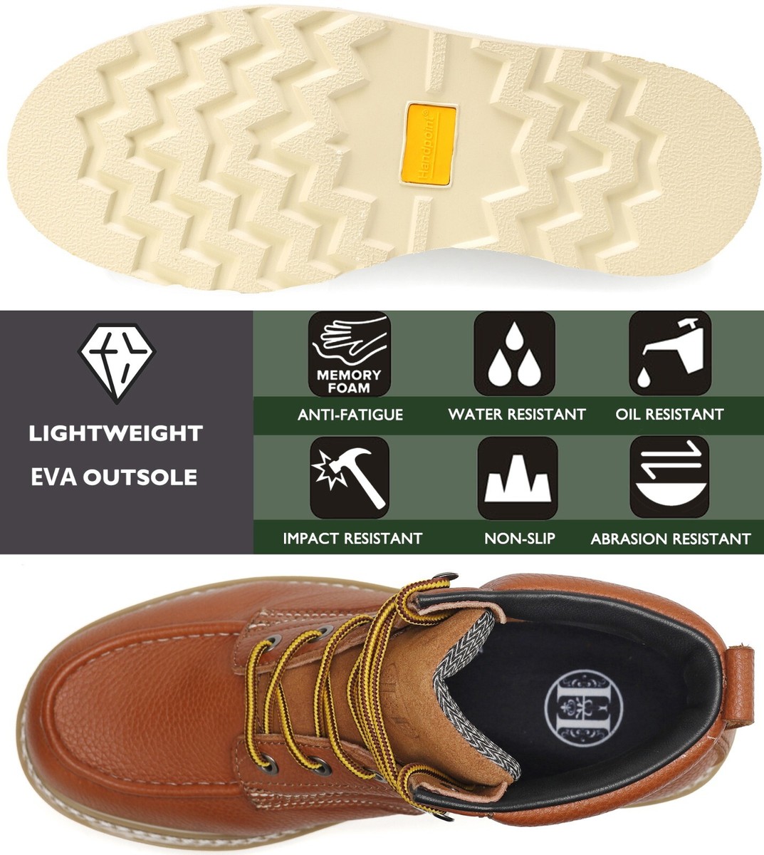 HANDMEN Soft Moc Toe EH WR Mens Work Boots, Non-Slip EVA Rubber