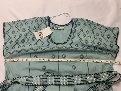 Zara Green Oversized Boho Embroidered MIDI Dress Short Sleeve Cotton Linen S NEW - Picture 12 of 14