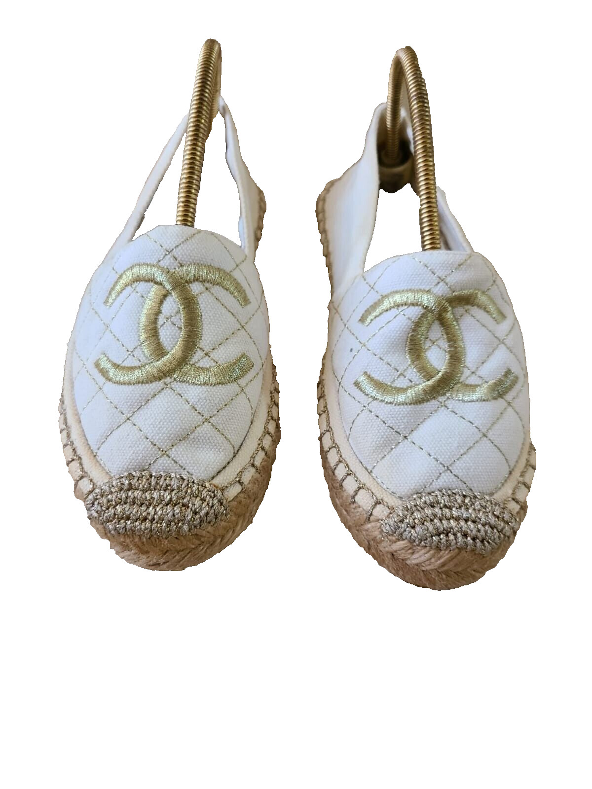 Chanel Fabric Biarritz CC Espadrille 37 White & Gold