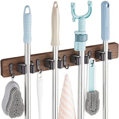 OUTNILI Mop Broom Holder Wall Mount Wood Broom Mop Hanger - Wall Brown-4 Slots