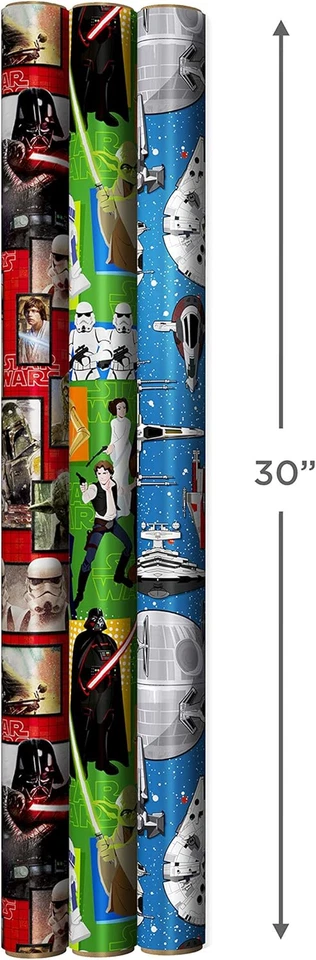 Papel de envolver Hallmark Star Wars con líneas de corte en reverso (paquete de 3: 60 cuadrados) Ft.  Foto 3 de 4