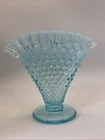 Vintage Fenton Opalescent Blue Glass Hobnail Crimped Pie Crust Edge Fan Vase 6"