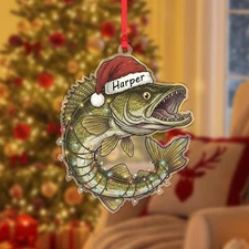 Personalized Pike Fishing Christmas Ornament Custom Name Angler Santa Hat Gift