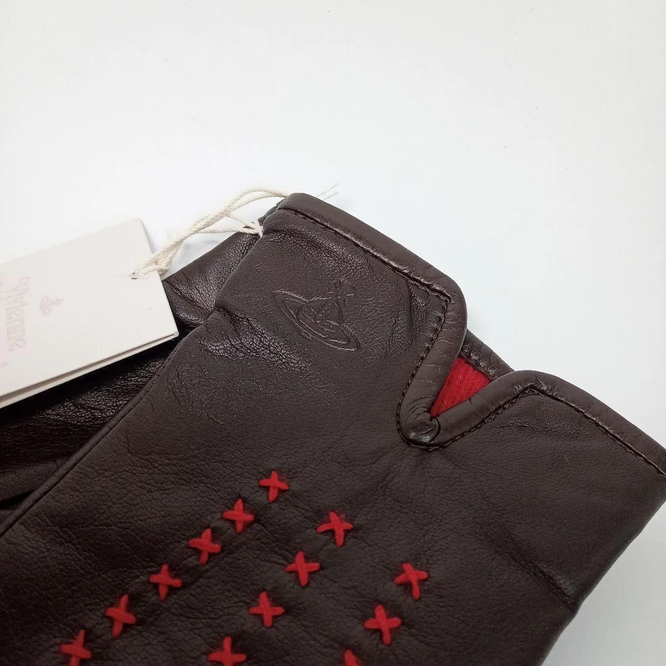 Vivienne Westwood Leather Gloves Brown Red Stitch Women 20cm Tag NEW Japan - Image 2 of 4
