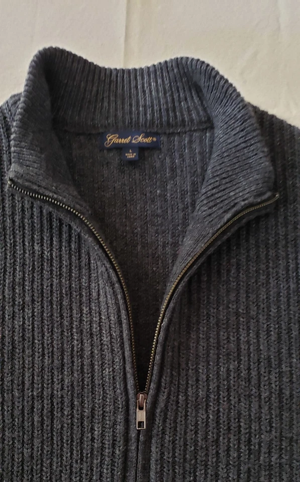 Cárdigan suéter gris con cremallera completa tejido con cable mezcla de lana Garret Scott para hombre talla L Foto 3 de 4