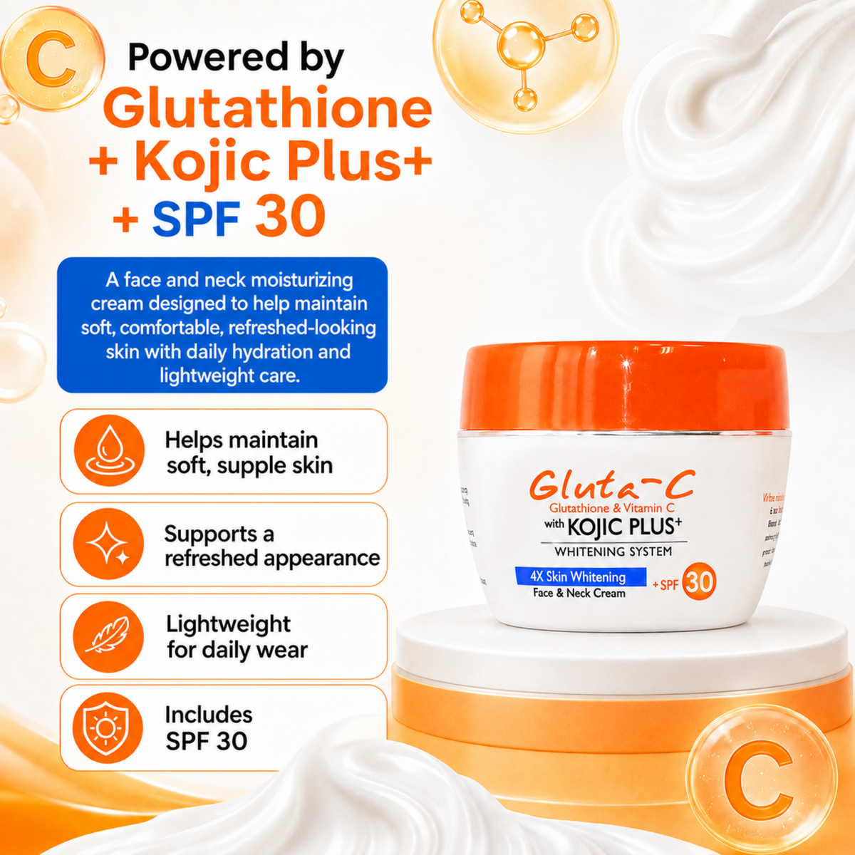 glutathione vitamin c kojic acid cream Gluta-C Face and Neck Moisturizing with Plus+, 25g Women L Glutathione Collagen Skin Tri-Fortify Flavor:Watermelon