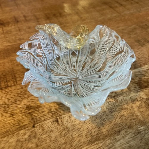 Vintage Latticino Murano Venini Hand blown Ribbon Glass petite bowl 3 1/2" dish
