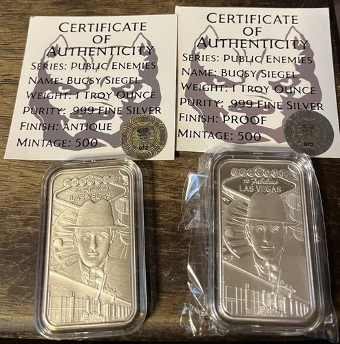 2 X Pit Bullion Bugsy Siegel 1 oz. .999 Silver Bar 500 Mintage w/COA - Two Bars