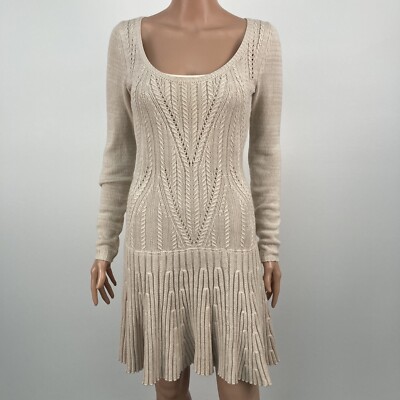 moda international knit dress MODA International Tan Knit Long Sleeve Sweater Dress Drop Waist Lined Size SM