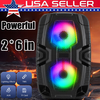 Dual 6'' Bluetooth Speaker LED Party PA System Rechargeable W/ Mic TWS/FM/USB/TF