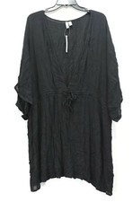 Asos Curve Womens Black Plunge Neck Long Sleeve Drawstring Waist A Line Dress 20