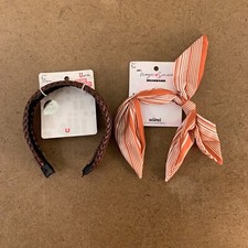 Scunci Womens Brown Woven Faux Leather Rust Striped Bow 2 Piece Headband Set NWT